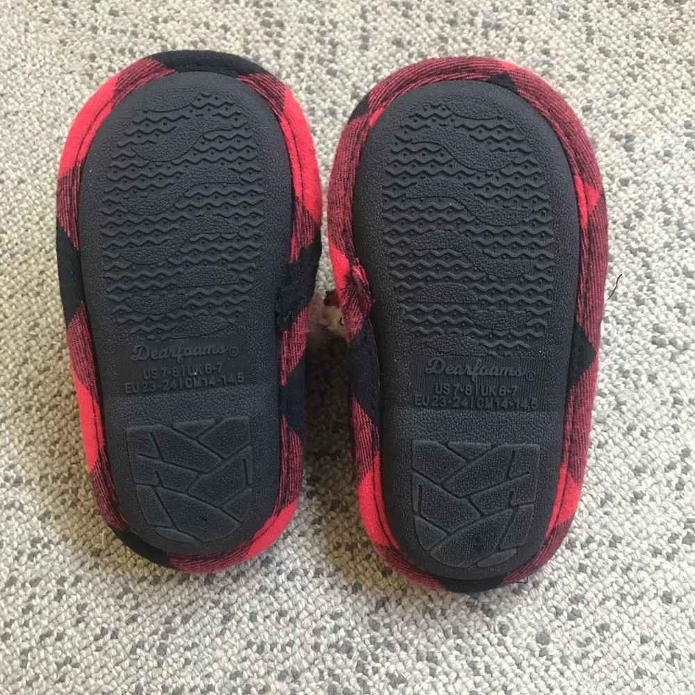 Lil Bear Red Black Plaid Kids Slippers